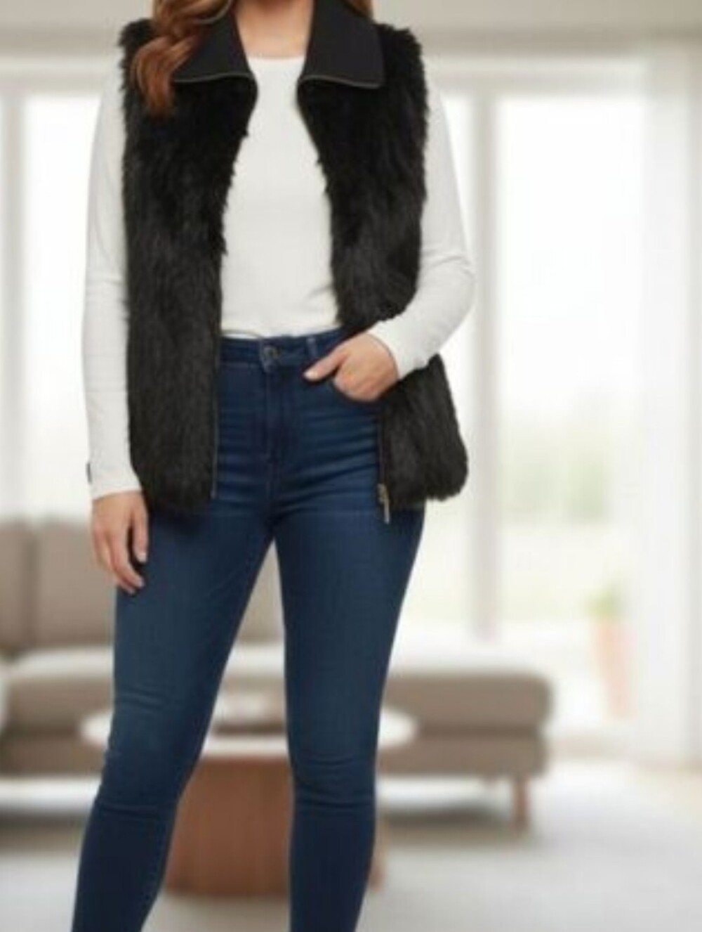 Michael Kors Black  Faux Fur Zip Up Sweater Vest women's Size: XL